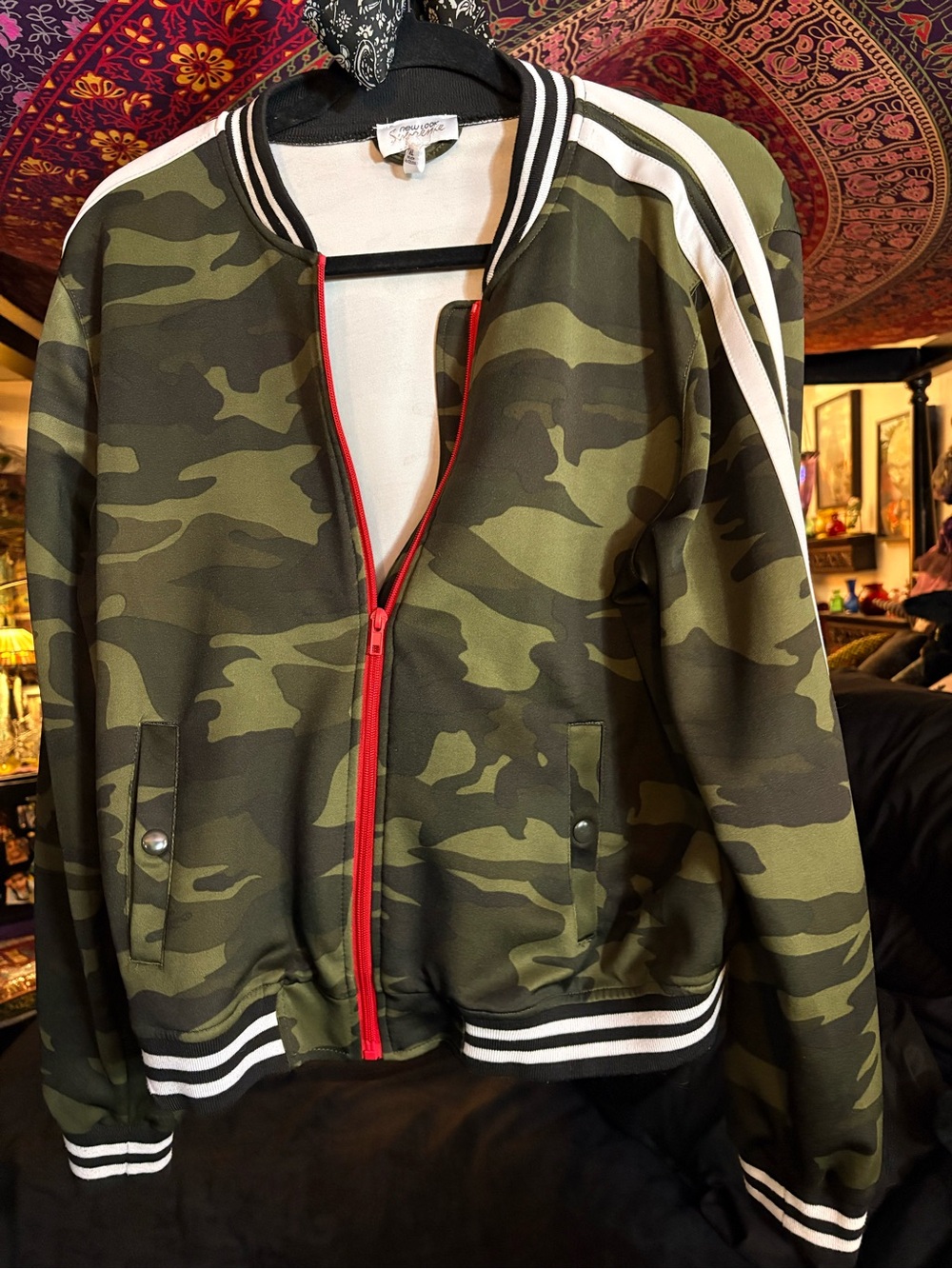 Camouflage Bomber Jacket with Red Zip - New Look
